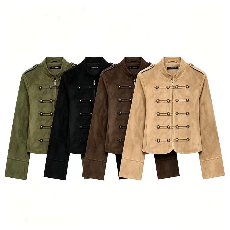 Veste courte en daim noir pour femmes, style militaire, col montant, épaulettes, plusieurs rangées de boutons en métal, fermeture éclair sur le d