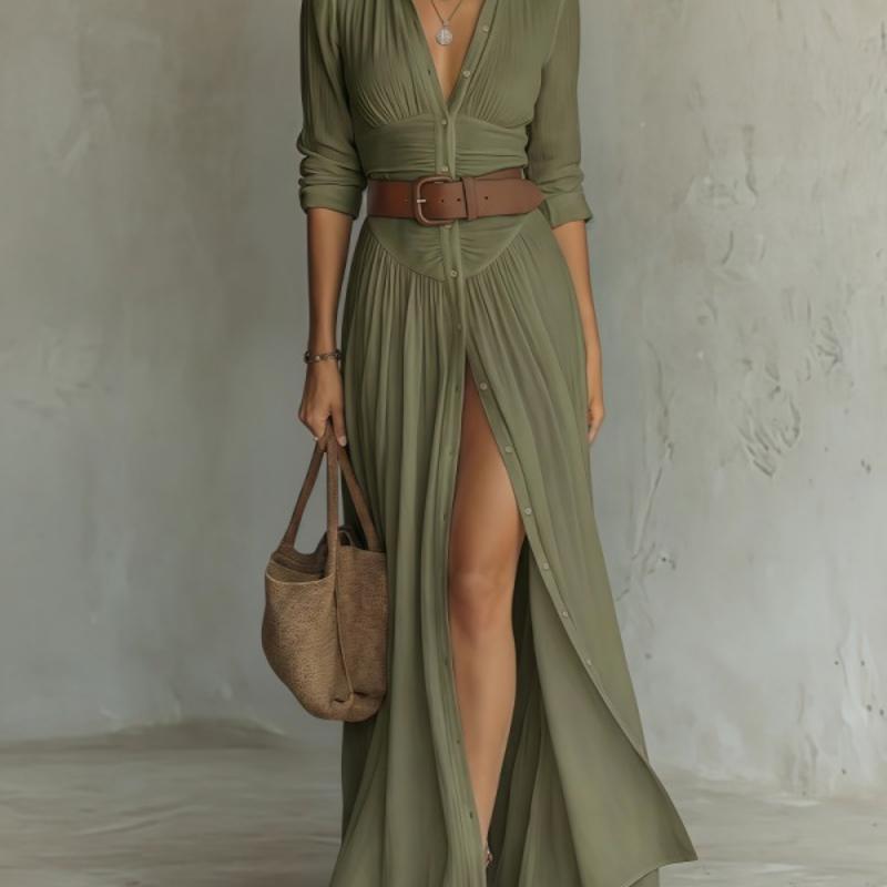 Designer Best-seller Femmes Robe Chemise Longue Taille Haute Col En V Manches 3/4 Plissée Fente Ceinturée Vacances D'été Plage Casual Élégant Max