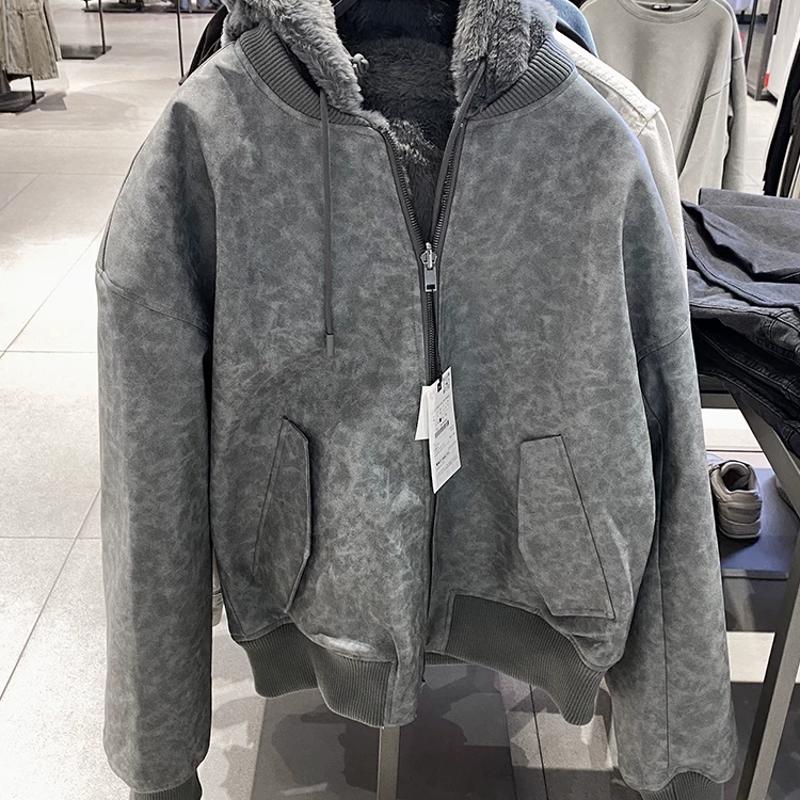 Designer Bestseller Men's Reversible Faux Fur Hooded Jacket Winter Thick Warm Zip Up Loose Fit Windproof Coat with Pockets Grey