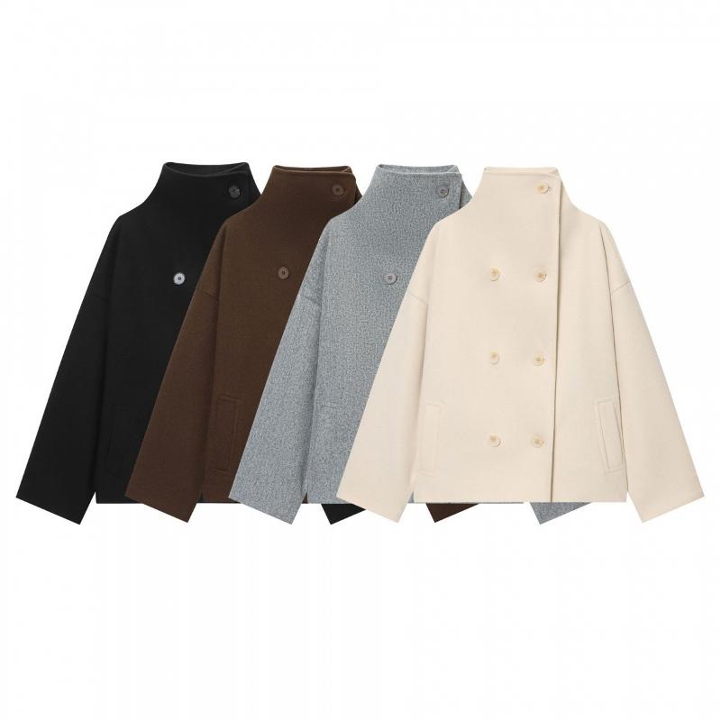 Manteau court en laine mélangée pour femme, col montant, manches longues, double boutonnage, fermeture à bouton, poches latérales fendues, mantea