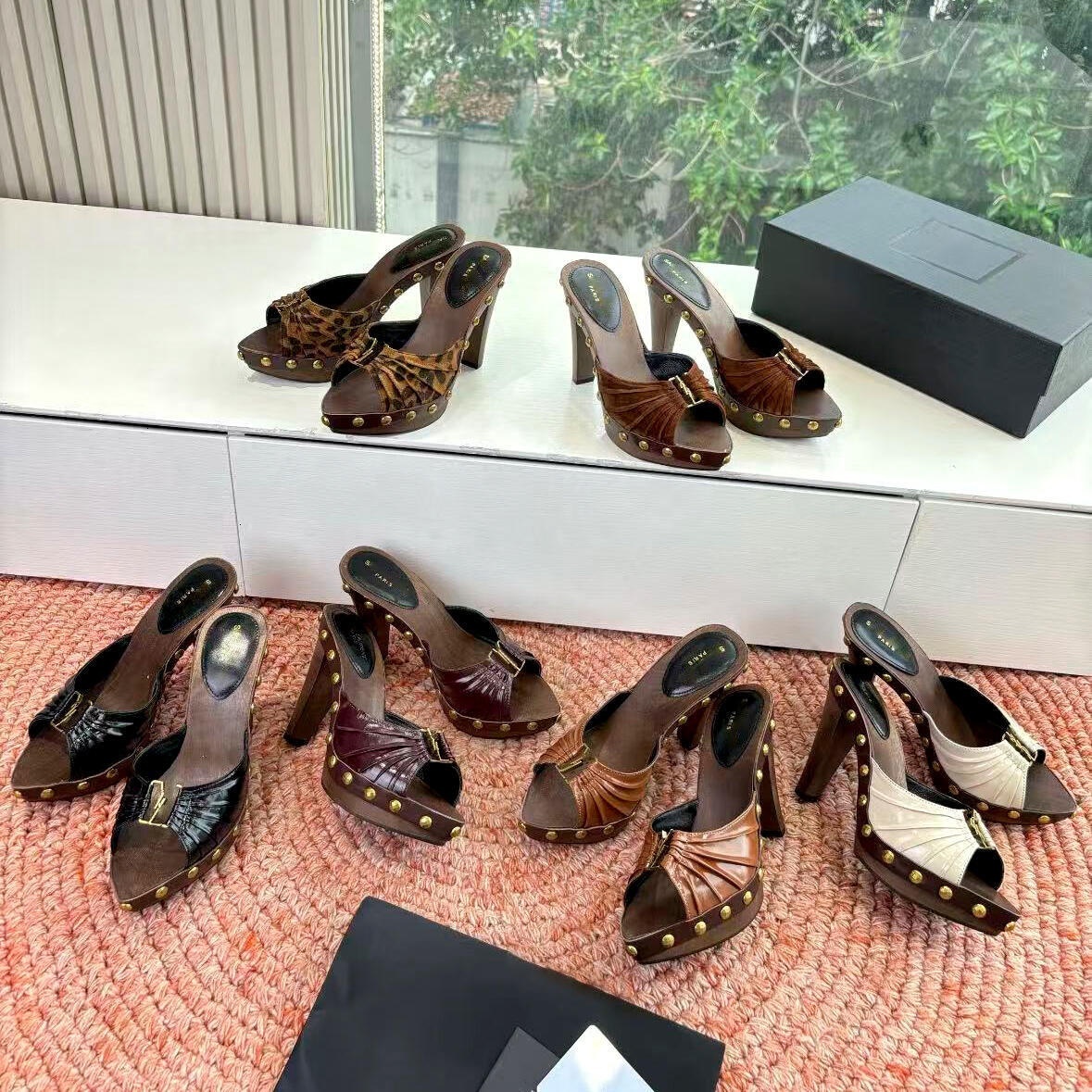 Wood Leopard sandal slippers Rose Summer Platform Suede Party heel black Metal Studs Sexy open toe sandale Leather luxurys Designer High Heel women