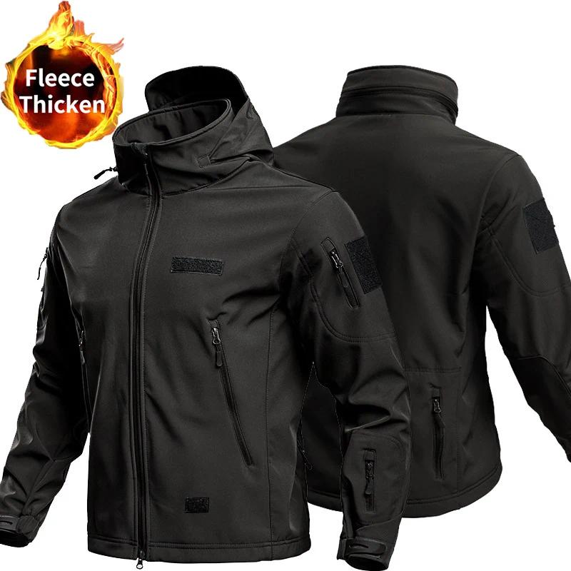 Winter Warm Fleece Lined Tactical Jacket Men Detachable Hood Windproof Soft Shell Coat Multi-Pocket Outdoor Coat for Hiking Work
