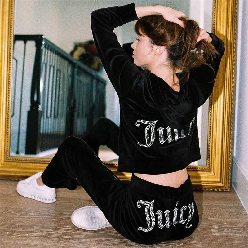 Juicy Tracksuit Women Y2k Velour Tracksuit Rhinestone Juicy Letter Zip Up Hoodie Flare Pants Two Piece Set Pink Streetwear Fall Winter Plus Size Jui