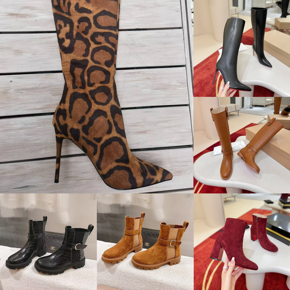 With Box Red Bottom Boots CL Boots Leather Boots European American CL sexy leopard print sheepskin suede women's stiletto high boots, simple an