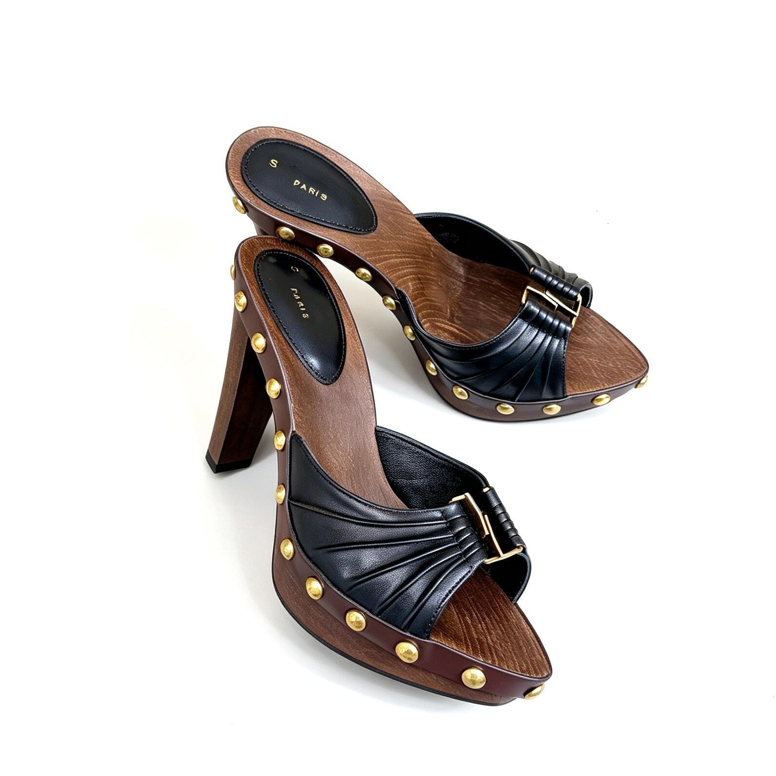 High quality Slip on High Heels slipper Rose Designer brown Wood heel Leather sandal Summer Party Metal Studs sandale New Suede Dress Shoe luxury Le