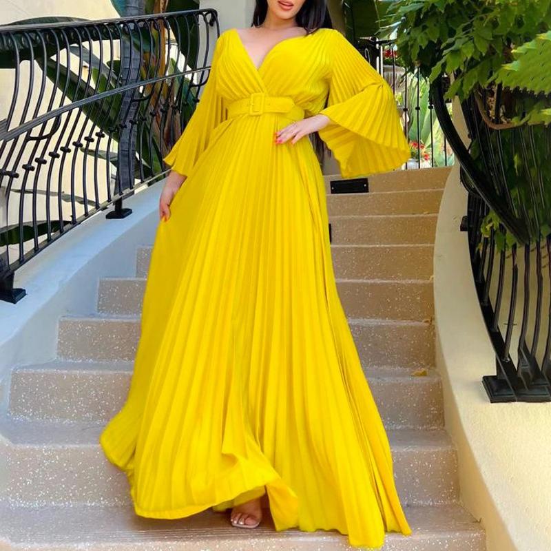 Designer Bestseller Women's V Neck Pleated Maxi Dress High Waist Solid Color 3/4 Sleeve Long Evening Gown Elegant Formal Party Dress with Belt