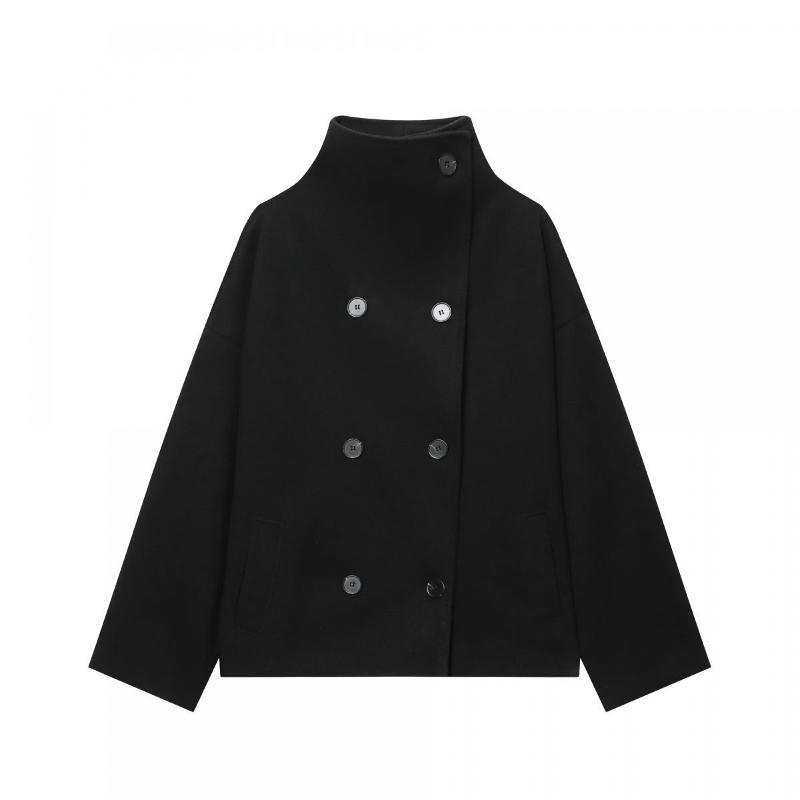 Women Minimalist Stand Collar Short Wool Coat Long Sleeve Double Breasted Front Closure Relaxed Fit Side Pockets Casual Outer Top