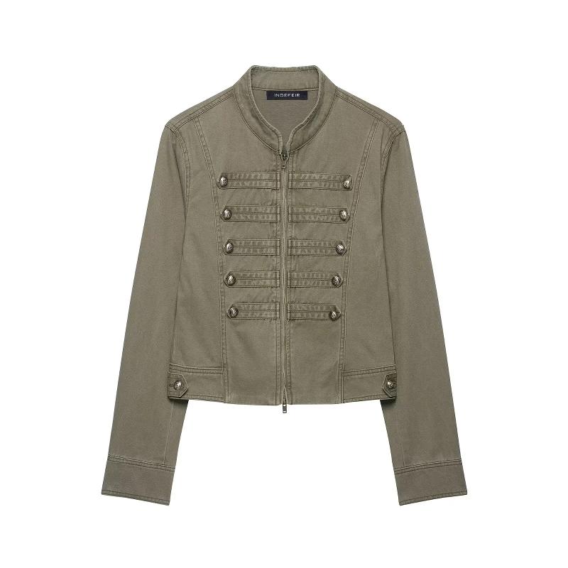 Women Light Wash Denim Military Cropped Jacket Mandarin Collar Front Zipper Decorative Strap Embellishment Long Sleeve Slim Outerwear