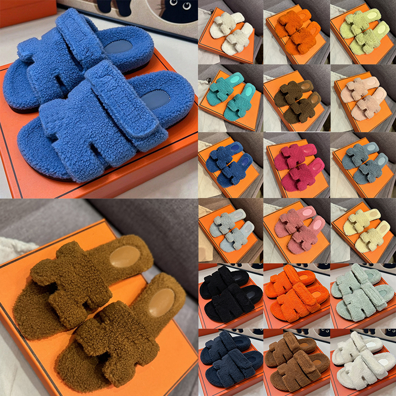 free shipping with box designer slippers platform lamb wool all-in-one warm velcro casual flat thick-soled furry slippers womens girl