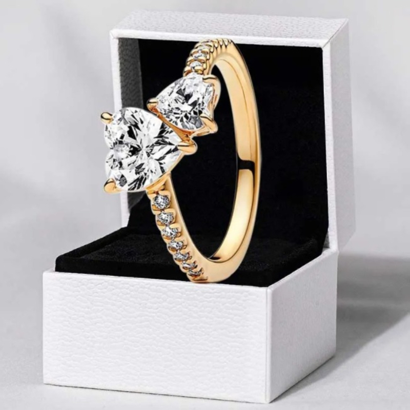 Double Heart CZ Ring Gold Plated Pave Side Stones Sparkling Women Engagement Promise Ring Wedding Jewelry