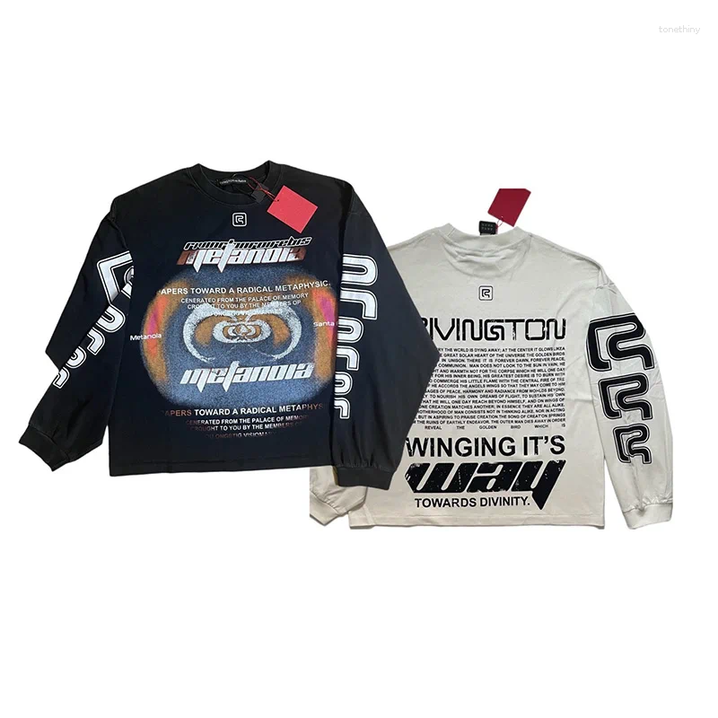 Vintage Washed Black Cement White Long Sleeve RRR123 T-Shirt Men Women Couple Casual Cotton Oversized T Shirt Tops With Tag