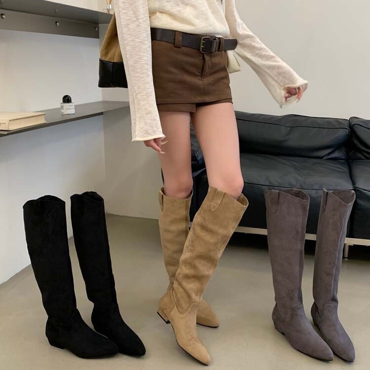 Suede Pointed Toe Wedge Heel Slouch Boots Womens Below Knee Long Boots Petite Pull On Ruched Commuter Elegant Botas Autumn Winter Boots