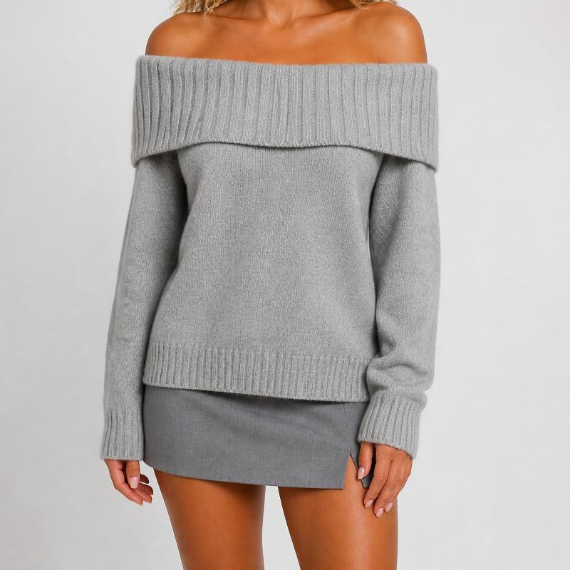 Pull en tricot Bardot pour femme, large col bateau, manches longues, silhouette décontractée, tricot chaud, élégant, pour temps froid, soirée, ch
