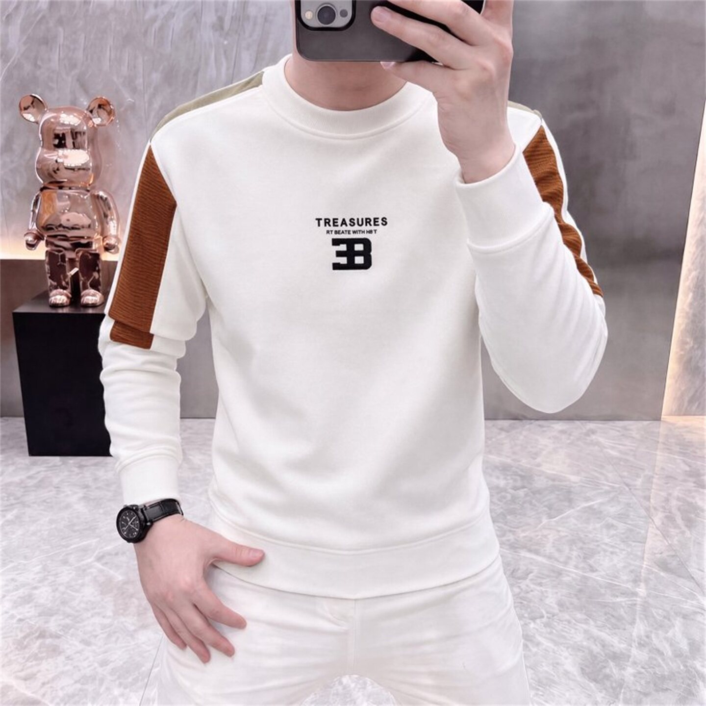 Designer Men's Clothing Men's Fashionable Long-sleeved T-shirt White Round-neck Letter Print Simple Contrasting-color Sleeves - Multi-func
