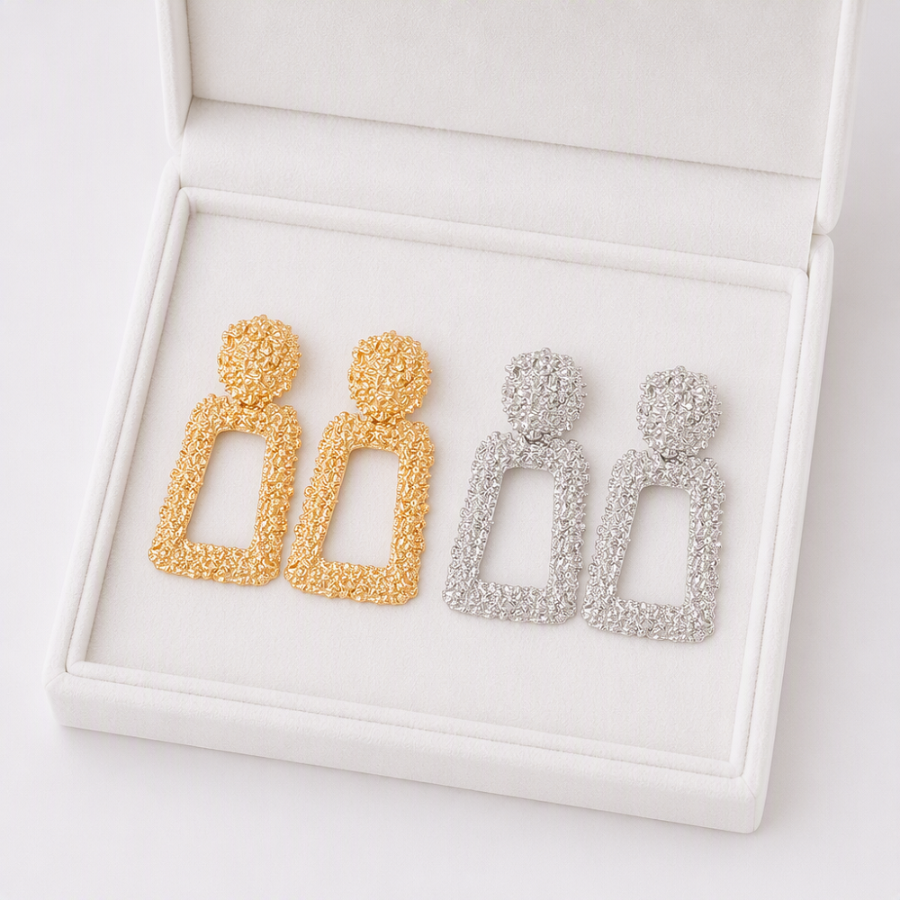 Boucles d'oreilles pendantes plaquées or, cadre rectangulaire texturé, Design pendant, bijoux à la mode pour femmes, vente en gros de l'usine