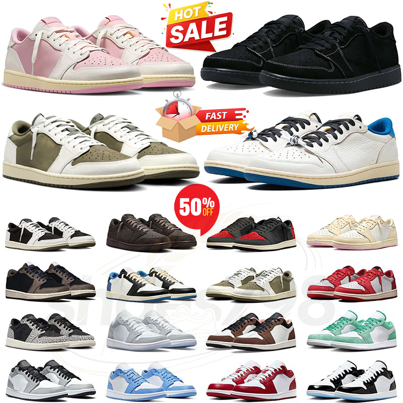 With box travis 1s 1 low basketball shoes Travi Sail Tropical Pink Shy Pink Mocha Reverse Black Phantom Medium Olive lows outdoor men women trainers
