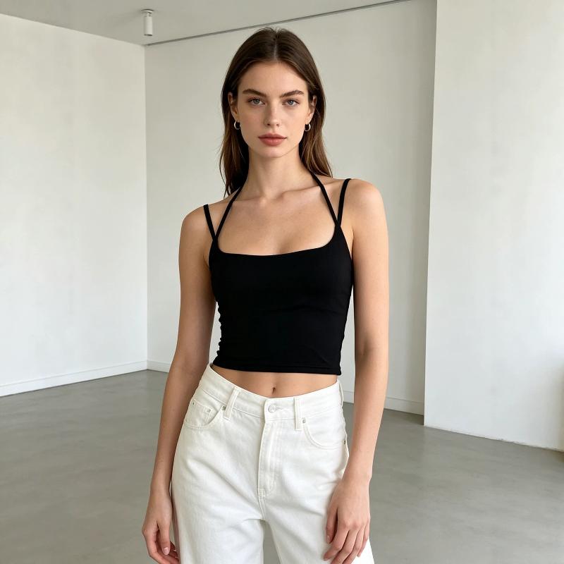 Designer Best-seller Femmes Couleur Unie Halter Cou Crop Cami Top Carré Col Cravate Taille Sans Manches Slim Fit Chic Été Outwear Noir