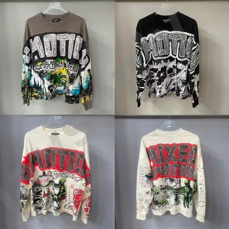 MIXEDEMOTION Graphic Print Long Sleeve T Shirt Unisex Oversized Loose Fit Retro mens Streetwear Hip Hop Crew Neck Tee Autumn Breathable womens tshir