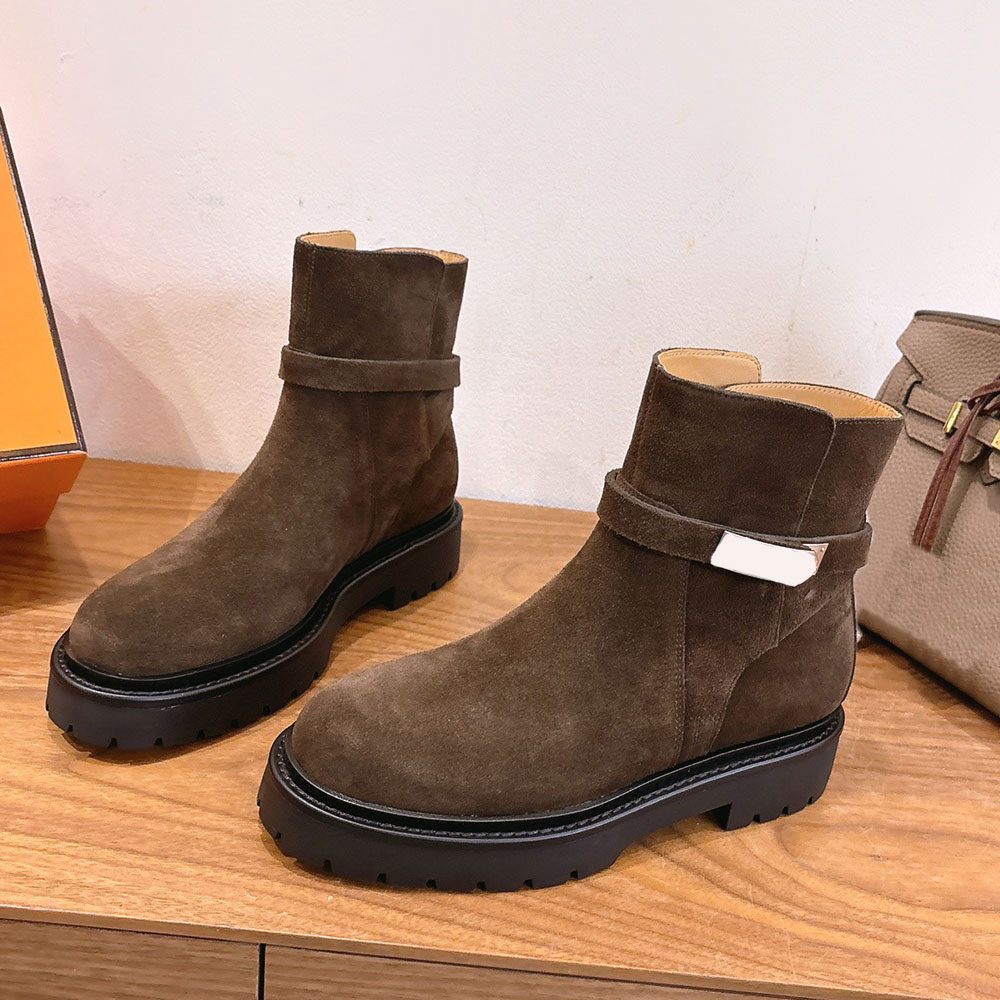 Jeff Ankle Boot Luxury Designer Suede Calfskin Boots H252122Z Outdoor Retro Style Womens Boot High Quality Brand Autumn Winter Boot Anti Slip Rubber