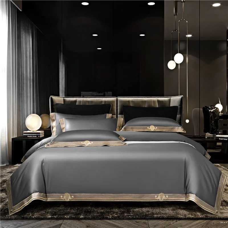 Satin 1200TC Egyptian Cotton Luxury Bedding Set Gold Embroidery Queen King Duvet Cover Flat/Fitted Bed Sheet Pillowcases X260928