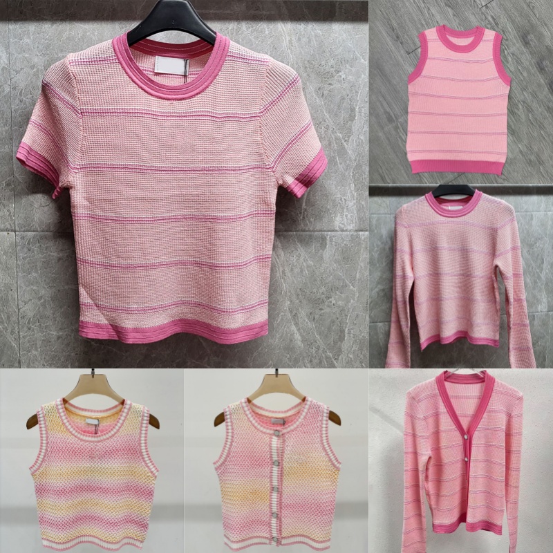 Y2k Style Rose Tricot Tops Femmes Designer Creux Rayé Tricoté T-shirts Été Voyage Vacances Fête Pulls T-shirts Élégant Tricots Robe