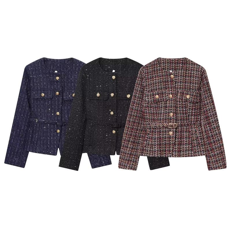 Veste courte en tweed noir scintillant pour femme, col rond, manches longues, bouton doré, ceinture, manteau élégant, tenue formelle quotidienne,