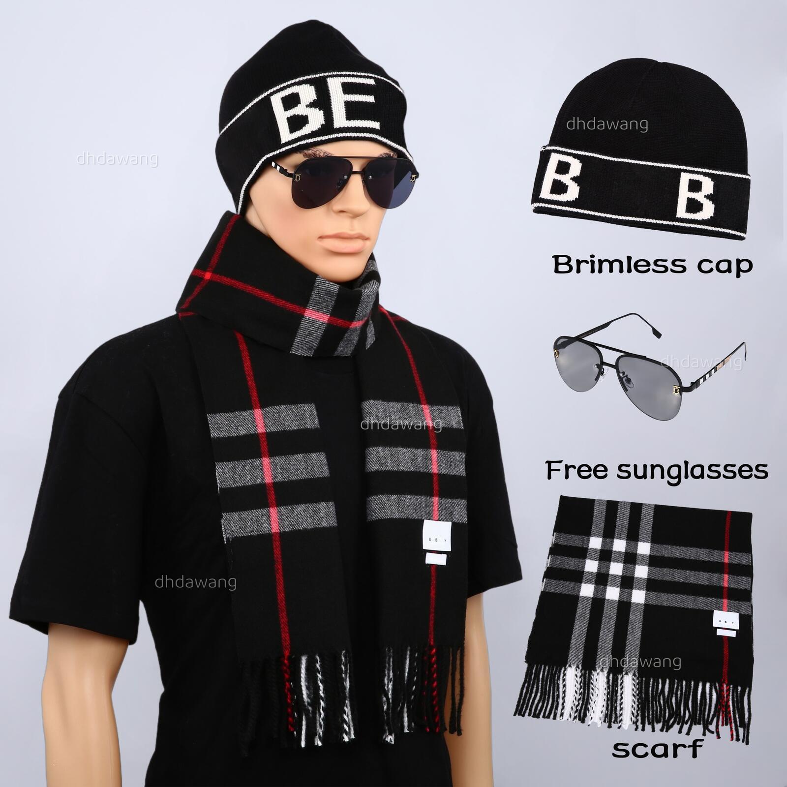 Conjunto de accesorios de tres piezas con gorro de punto con puños, flecos a cuadros, bufanda con flecos a cuadros y gafas de sol gratis, accesorios