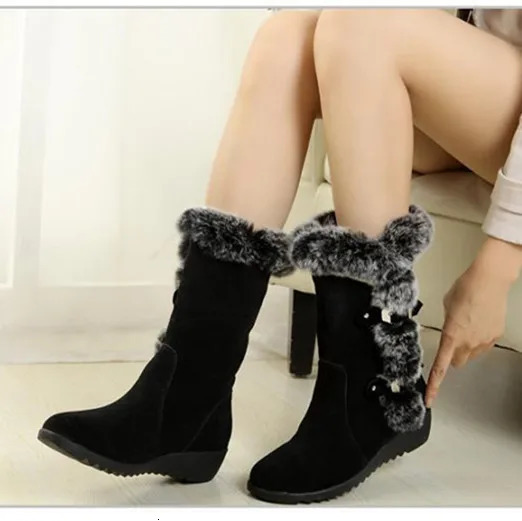 Winter Women Boots Casual Warm Fur Mid-Calf Boots shoes Women Slip-On Round Toe wedges Snow Boots shoes Muje Plus size 42 260928
