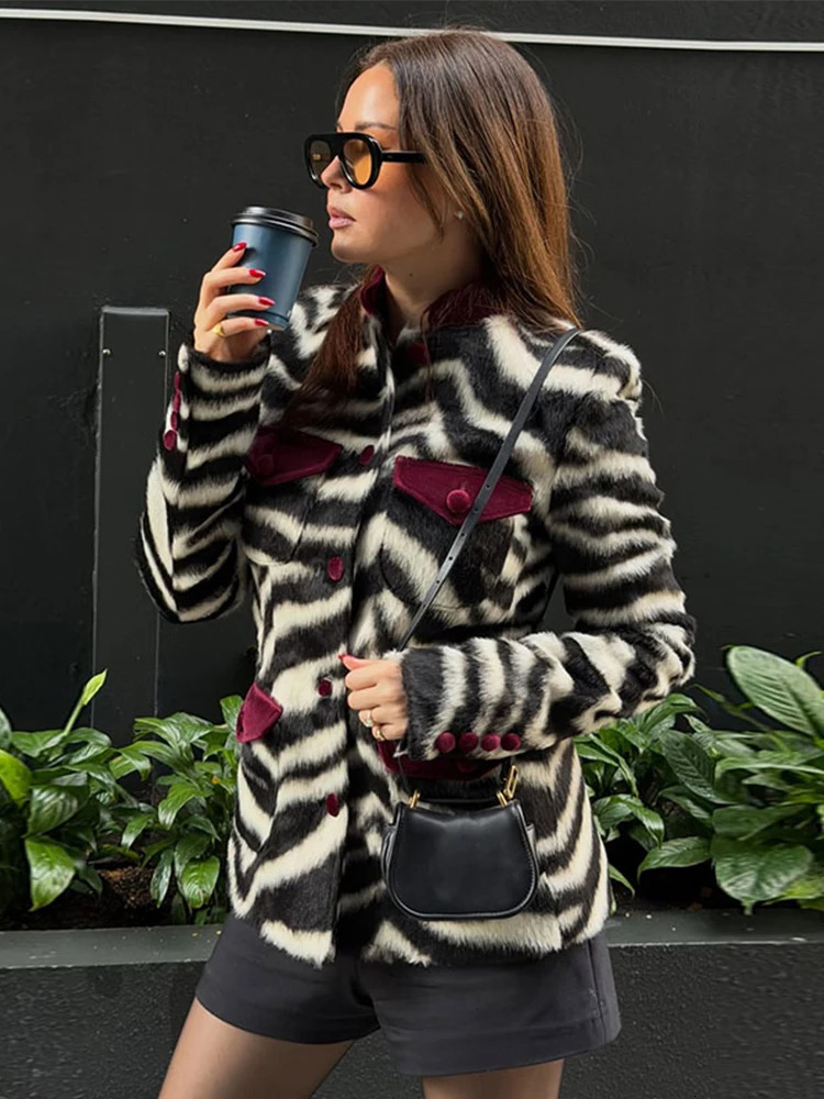Zebra Print Faux Fur Jacket Velvet Contrast Collar Pocket Single Breasted Long Sleeve Women Coat 2026 Autumn Chic Outfit 260929