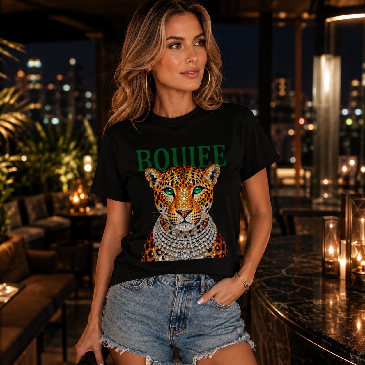 Women's Boujee Leopard Graphic T-Shirt, Luxury Animal Print Art, Crew Neck Short Sleeve, Relaxed Fit Casual Streetwear Top