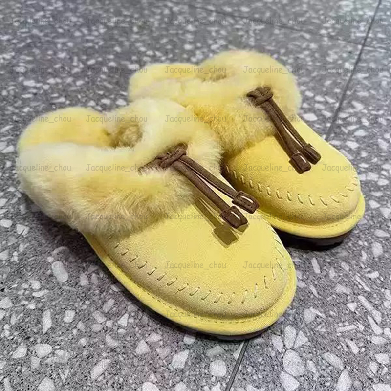 Designer Women Coquette Stitch Slippers Winter Mules Fur Slides Warm Wool Genuine Leather Fluffy Slipper Slip On Thick Soles Outdoor Casual Shoes