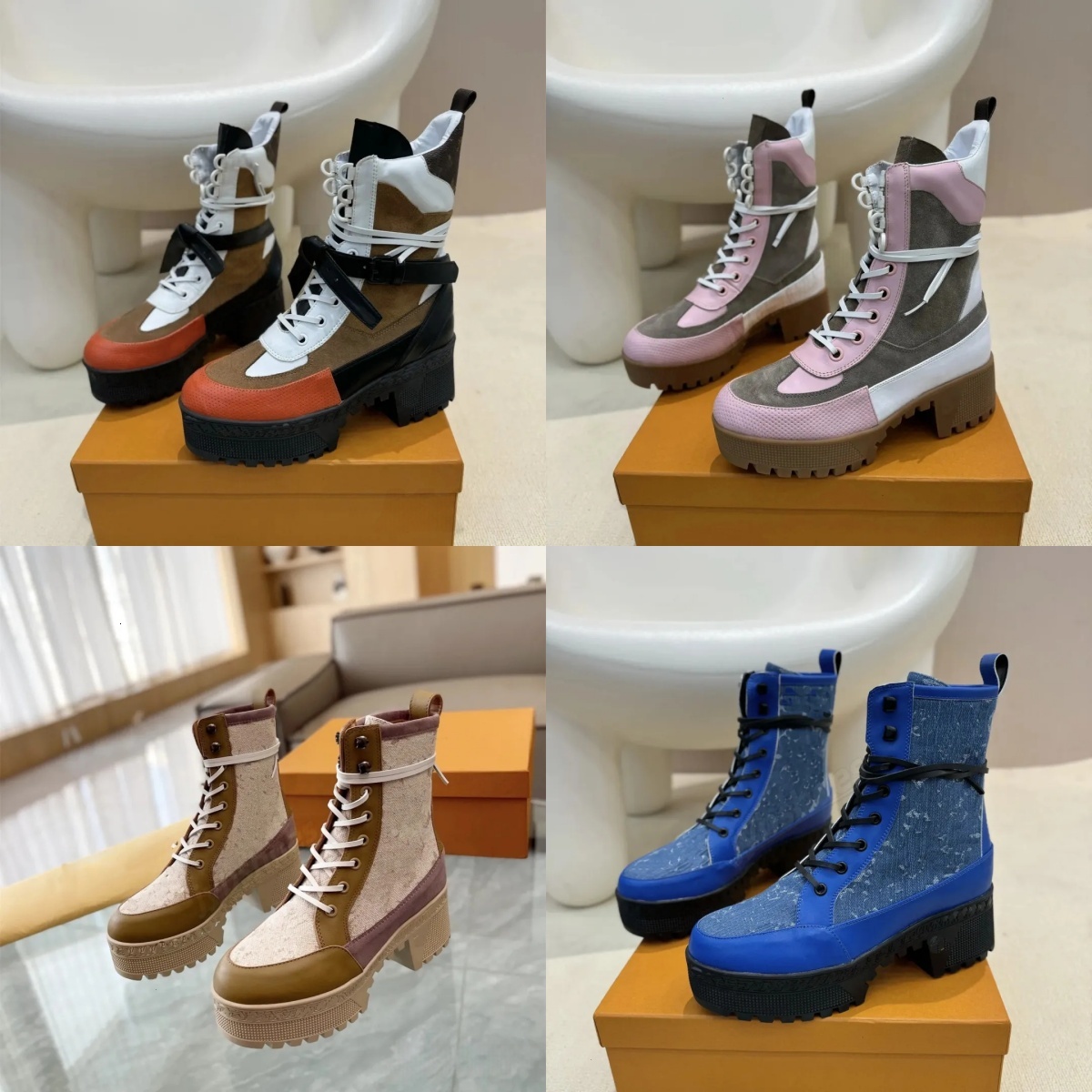 boot designer woman canvas block heel lace leather gold round toe outdoorluxury comfortable black brown gold white nude retro platform sole 2026