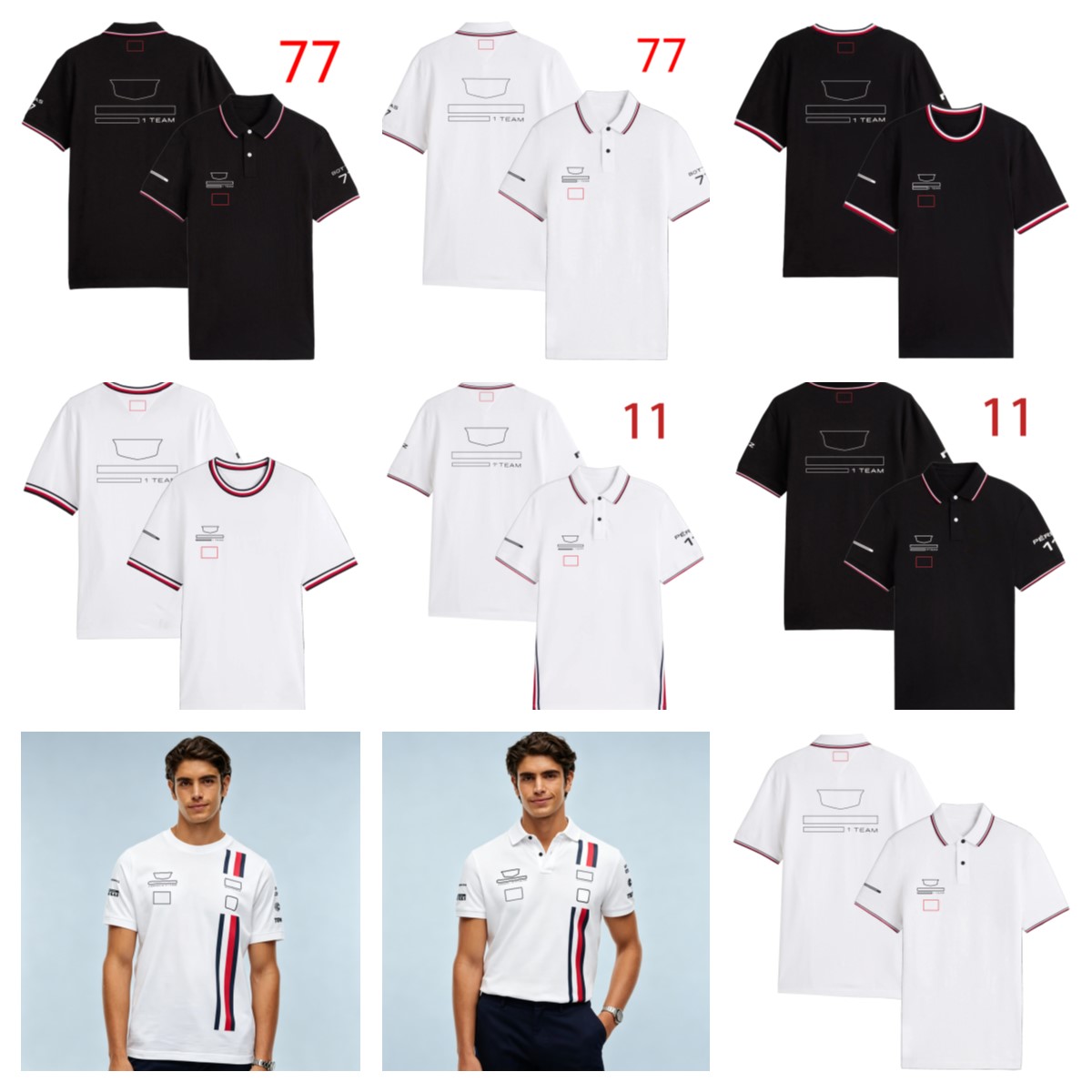 2026 F1 team Formula One pattern team T-shirt, size 77, driver 11 style Polo shirt, black and white contrasting collar, quick drying short sleeved r