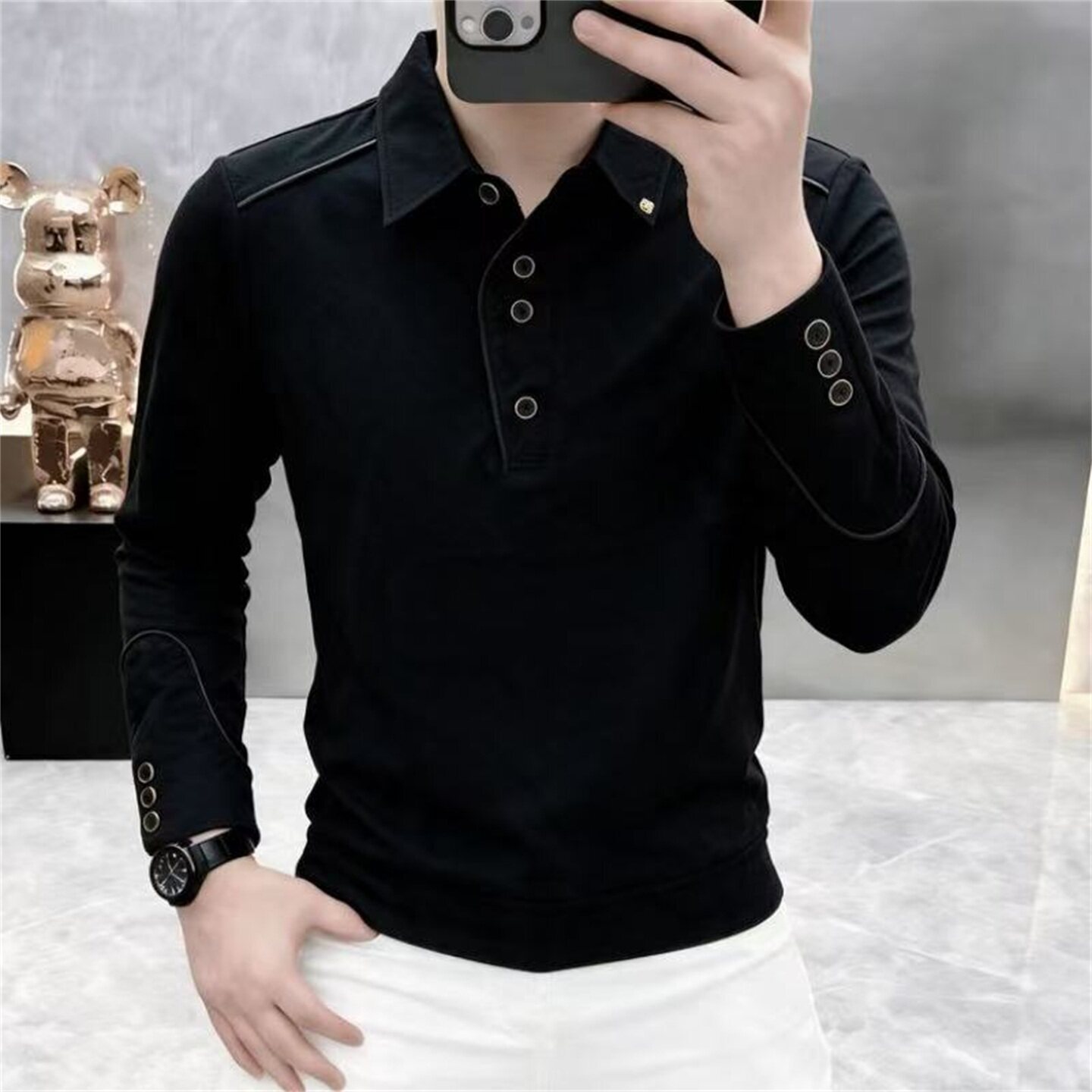 Designer Men's Clothing Luxurious Long-sleeved Polo Shirt With A Business Casual Style With Metallic Details Versatile Black Color Fashionable