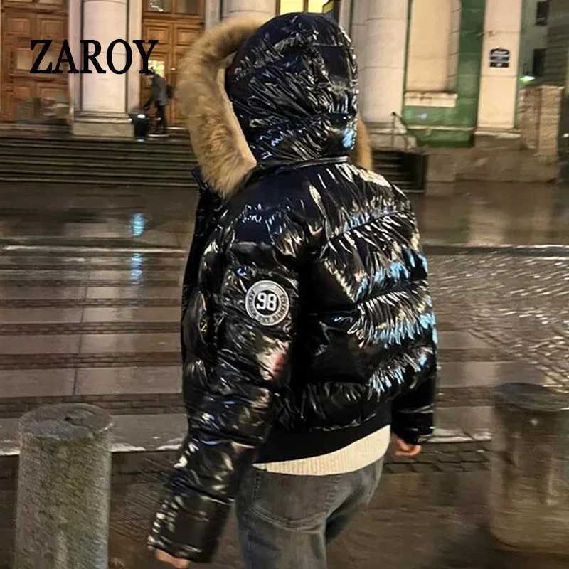 ZAROY Shiny Puffer Jacket Women Winter Fur Collar Hooded Thick Warm Cotton Short Coat Waterproof Y2K Vintage Badge Parkas X260928
