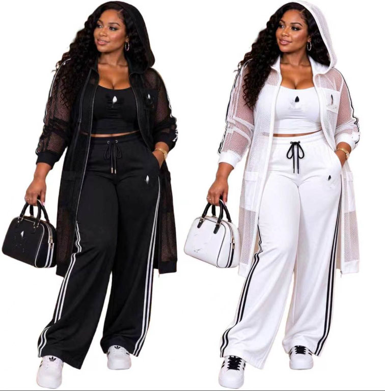 New womens embroidery 3-piece set Tracksuits loose vest & mesh hooded jacket & Straight-leg pants sets autumn winter sportswear