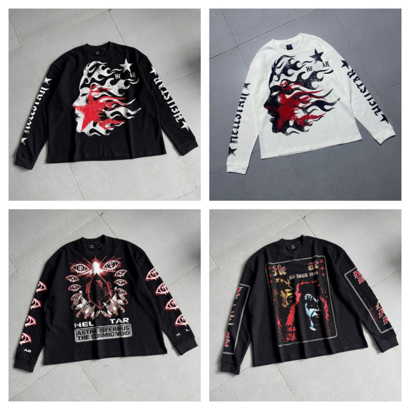 Unisexe Hommes Femmes Designer Luxe Américain Rétro Waffle Imprimer Manches Longues Col Rond T-shirt Coton Lâche Casual Tee Top Streetwear Chemis