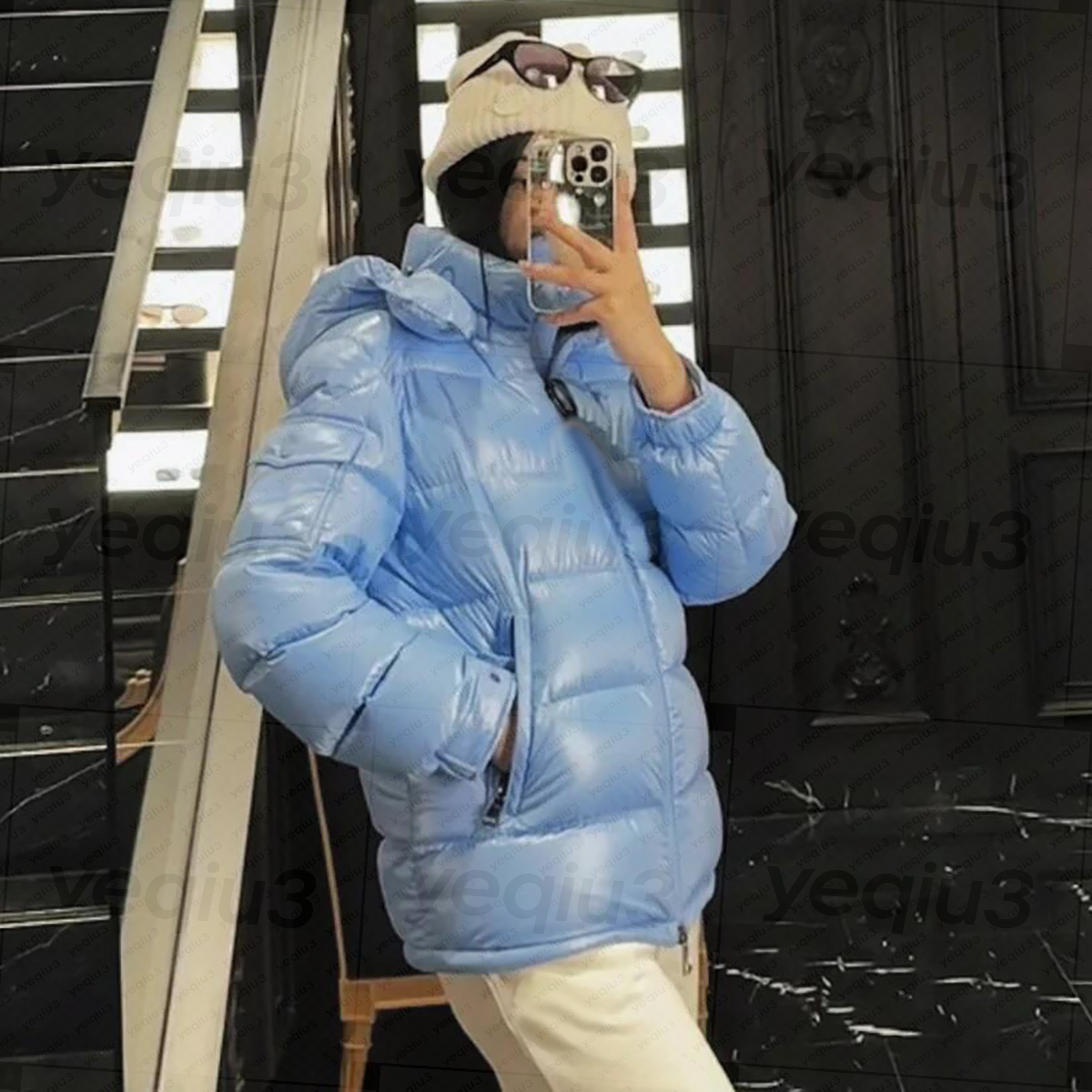 Womens Down Puffer Jacket Hooded Thick Warm NFC Glossy Quilted Coat with Sleeve Zipper Pocket Casual Couple Outerwear