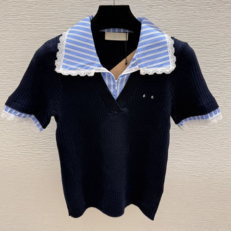 Doll Lapel Knitted Pullover Navy Sweater Luxury Women Preppy Style Knit Jumpers Summer Resort Vacation Birthday Knits Sweaters