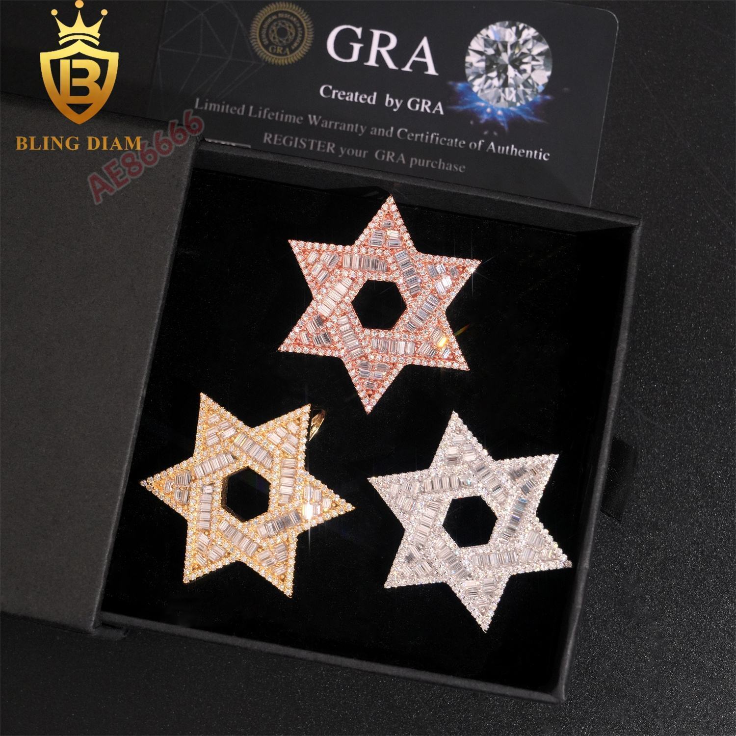 High Quality Iced Out Star Of David Moissanite Pendant Necklace 925 Sterling Silver GRA Certified Hollow Hexagon Charm Hip Hop Streetwear Fine Jewel