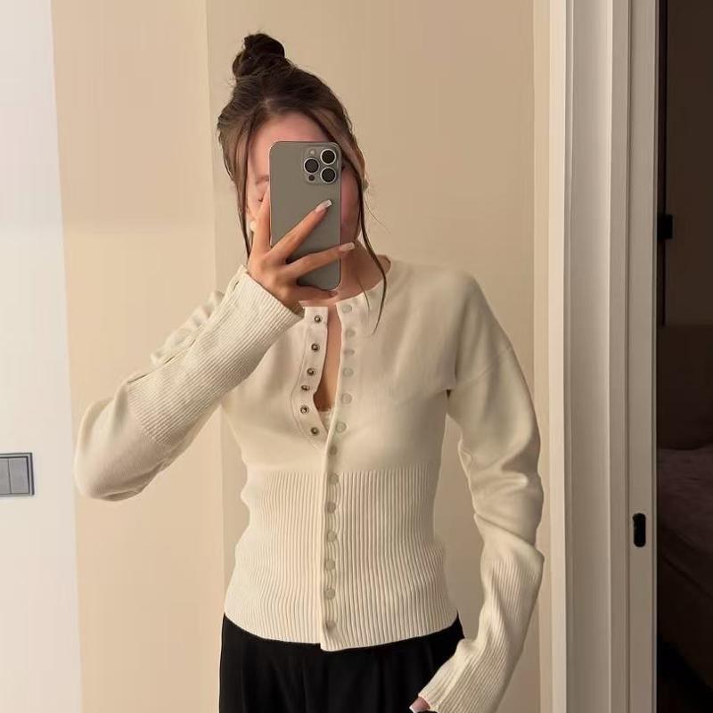 Pull en tricot ouvert sur le devant pour femme, col rond, manches ballon, boutons décoratifs, cintrage à la taille, coupe ajustée, vêtement trico