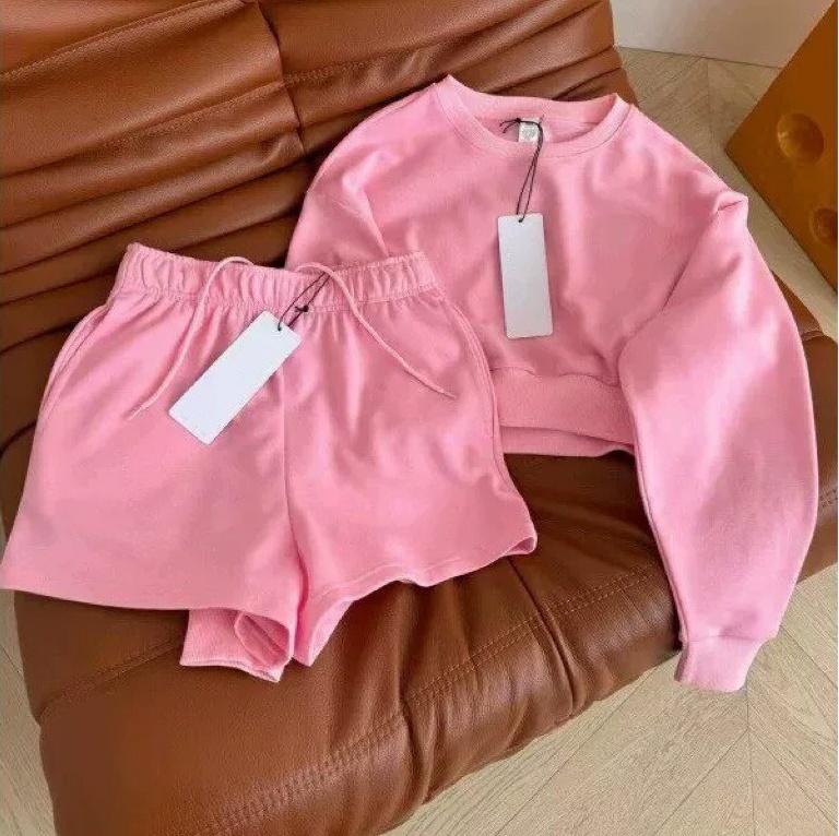 2992A Nouveau femmes Yoga à manches longues pull pull court Sport col rond sweat ou Joker taille élastique cordon Shorts Fitness Sport costume