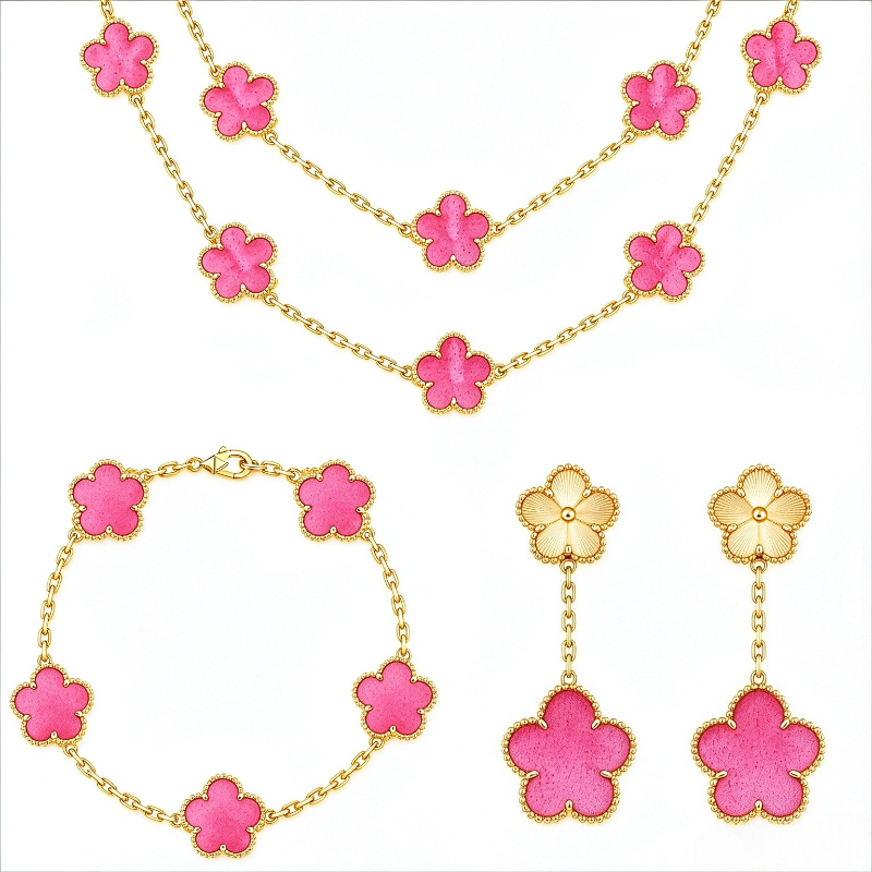 2026 Newest 18K Gold Elegant Floral Earrings Bracelet Necklace Jewelry Set Clover Designer Rose Pink Necklaces Bracelets Earrings Party Wedding Dail