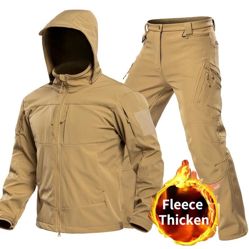 Outdoor Tactical Softshell Suit for Men Hooded Full Zip Jacket Cargo Pants Windproof Multi Pocket Set for Hunting Hiking Camping
