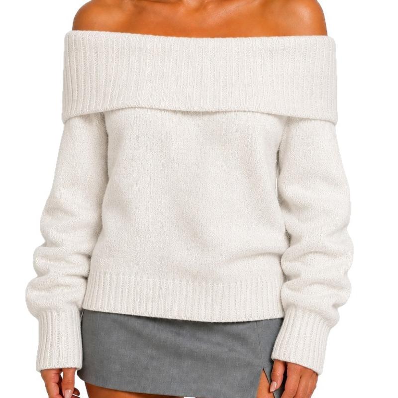 Haut en tricot à épaules dénudées pour femmes, col plié côtelé, manches longues, coupe décontractée, pull en tricot épais, mode automne hiver, st