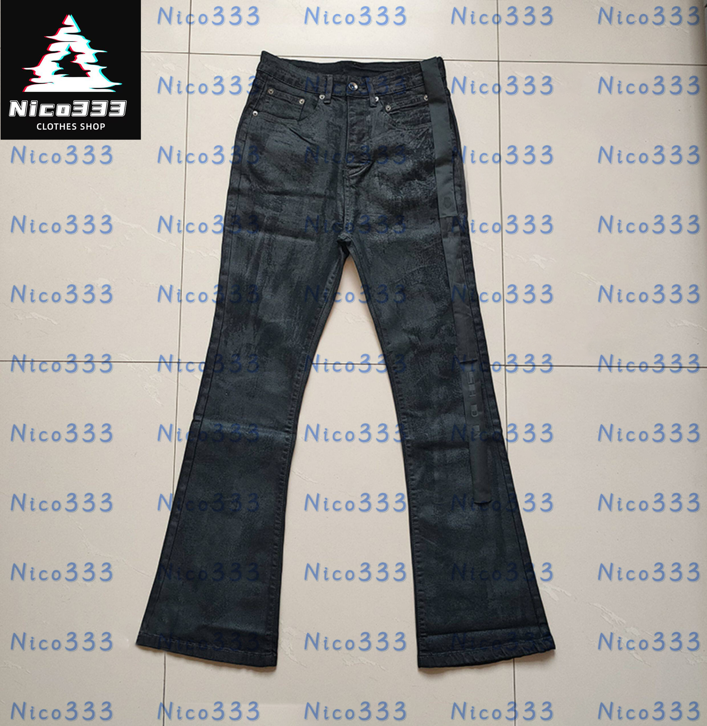 RO Jeans rickowin Solid color hand brushed wax coated flutter belt heavyweight simple with label versatile men and women casual flared jeans