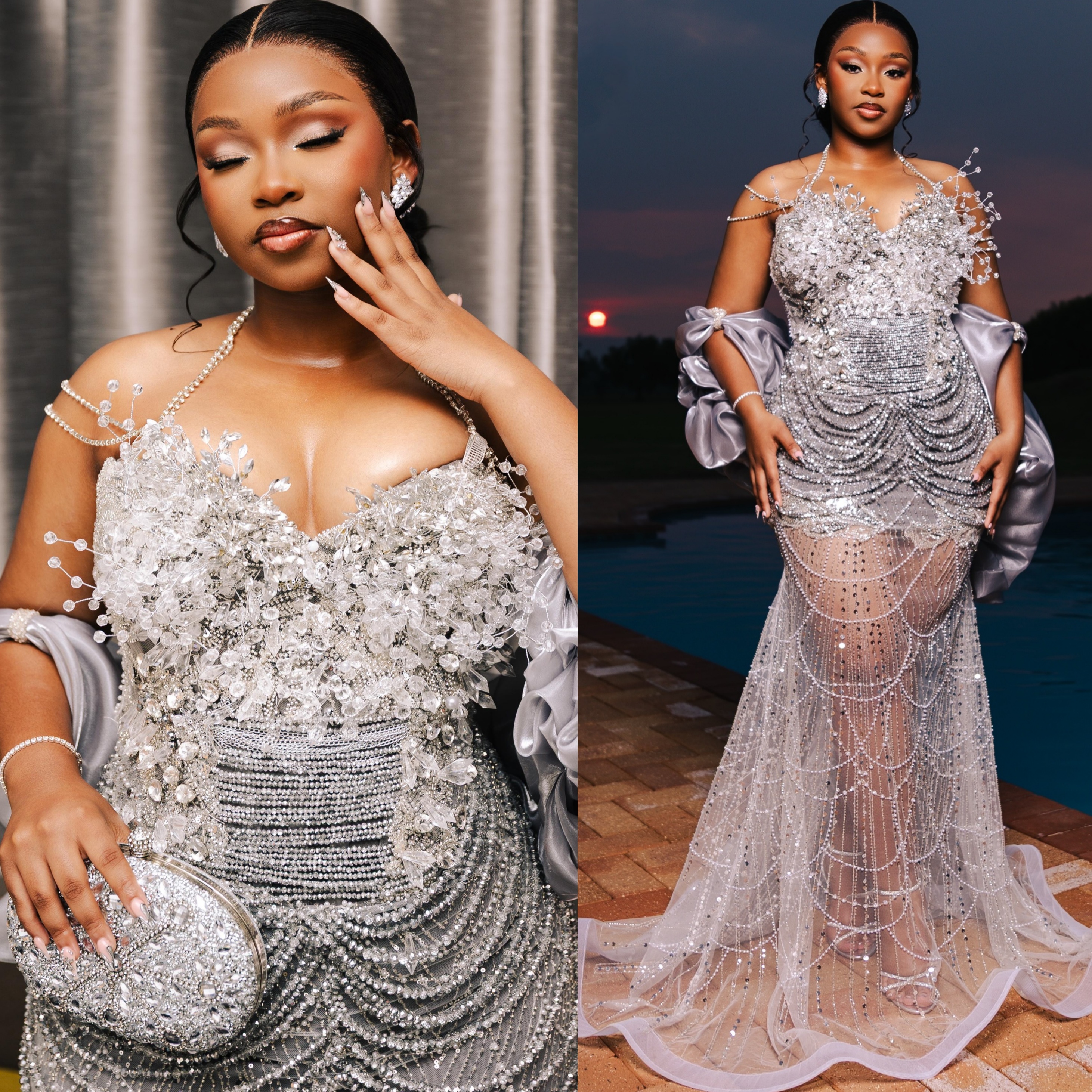 Aso Ebi Silver Mermaid Prom Dress 2026 Beading Crystals With A Wrap Evening Dresses Birthday Formal Party Reception Second Long Dinner Dress Gowns Z