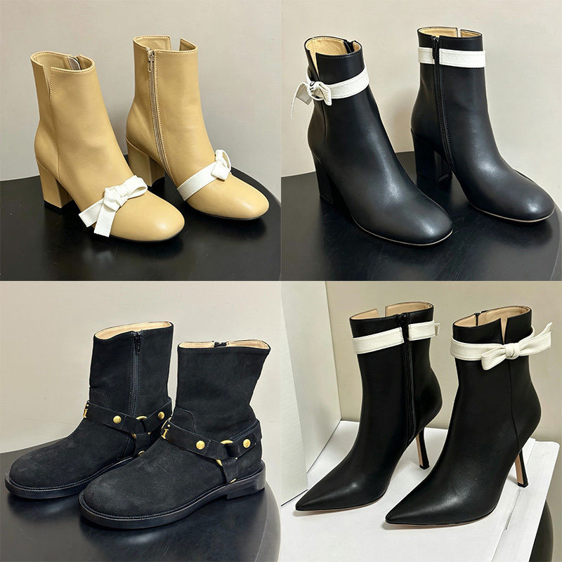 Top Premium Designer 2026 Women 100% Genuine Leather Bow Decor Ankle Boots Side Zipper Block Heel Footwear Elegant Dress Booties For Wedding Party E
