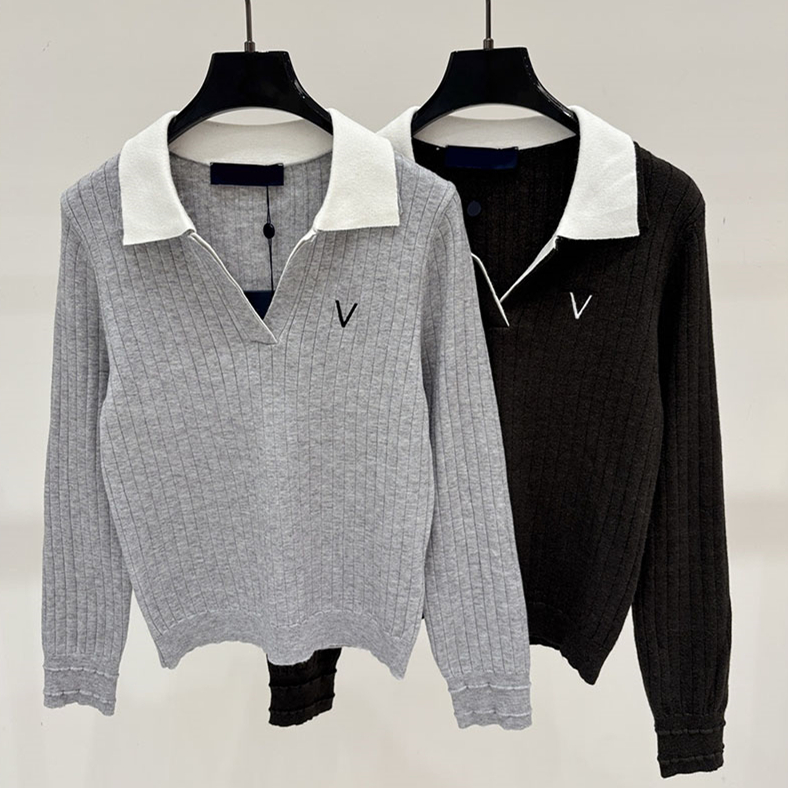 Preppy Style Women Knit Polo Shirt Casual Striped Long Sleeve Embroidery Top Autumn Campus Office Meeting Minimalist Knit Pullover