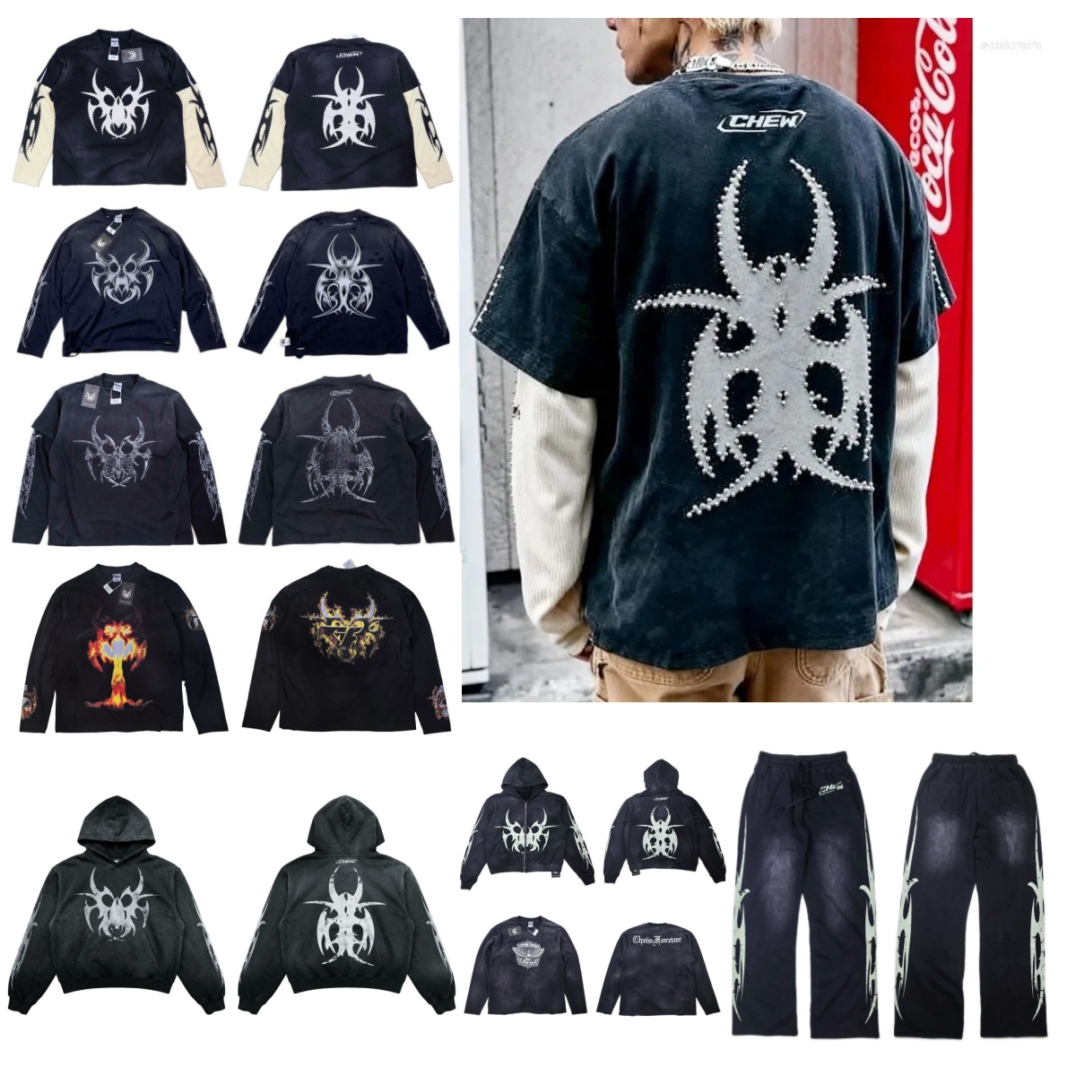 Men's T Shirts CHEW FOREVER Printing Oversize T-Shirts Washed Black Vintage Baggy T-Shirts All Seasons Long Sleeve O-Neck False Two-Piece Men W